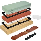 Sharpening Stone for Knives 8 in 1 - 400/1000 Grit &amp; 3000/8000, Manual Sharpener with Non-Slip Bamboo Base, Angle Guide and L