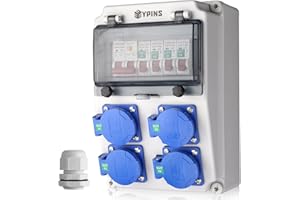 EYPINS Boîte de Prise Étanche avec Interrupteur de Sécurité FI (C40) + Disjoncteur LS (C16x4) Prise Schuko et CEE,Design Compact IP66 pour Chantier,Garage et Extérieur