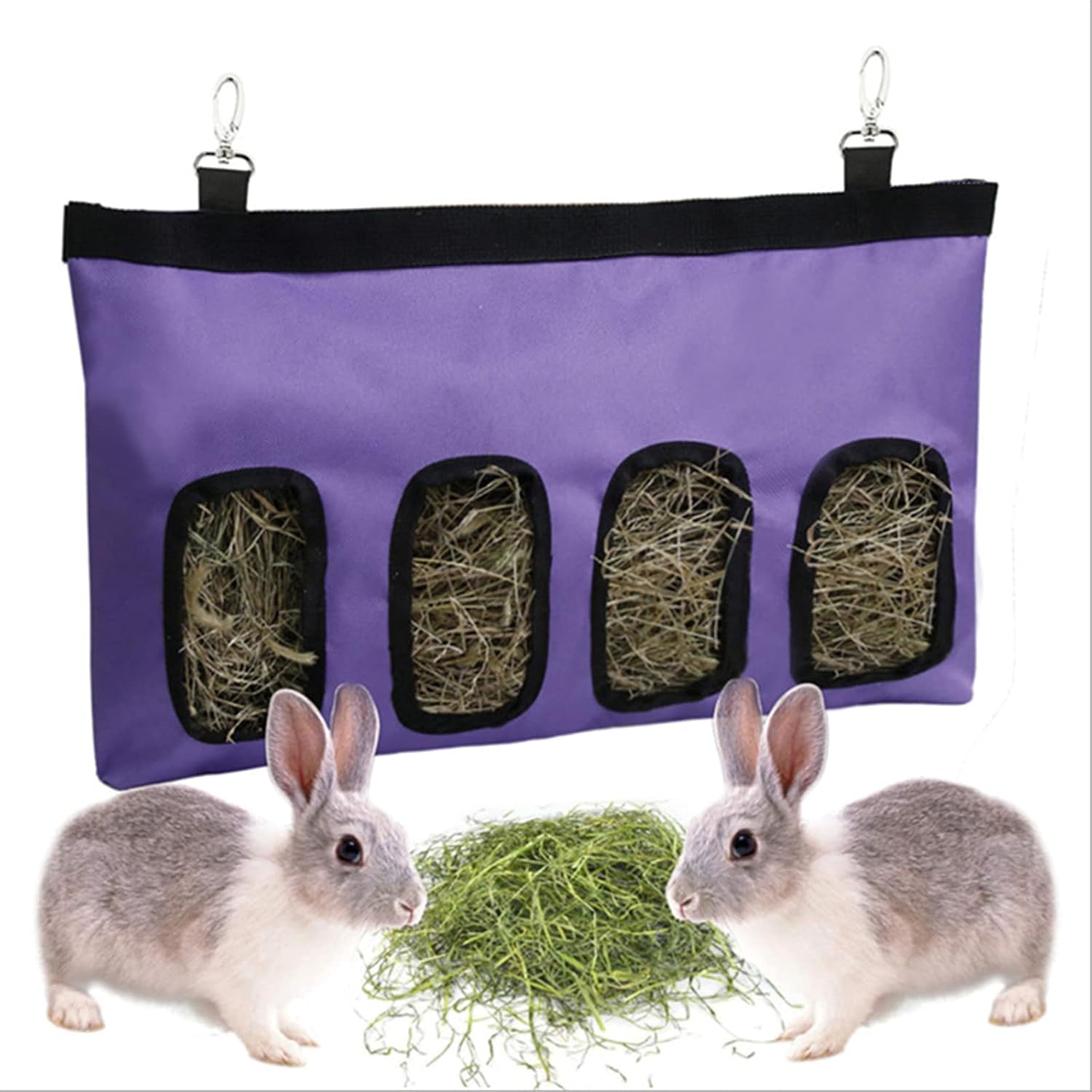 Bolsa de Heno de Conejo Bolsa de Alimentación de Heno henera de tela para cobayas para Conejo Chinchilla Hámster Pequeños Animales (4 ventanas, morado)