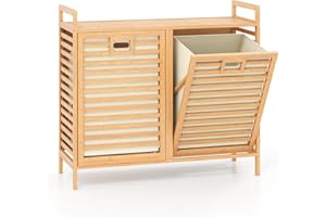 LIFEZEAL Panier à Linge 2 Compartiments, Collecteur de Linge en Bambou avec 2 Sacs Amovibles, Armoire à Linge Laundry Baskets avec Lattes pour Salle de Bain, 80 x 30 x 72 cm