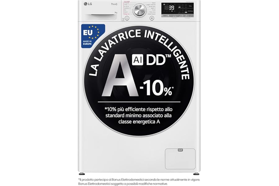 LG AI DD F4R709TAIDD Washing Machine Class A -10%, Front Load Series R7, Washing Machine 9 kg, 1400 RPM, AI Wash, TurboWash 360, Steam Wash, Wi-Fi, Direct Drive Motor, Freestanding, White