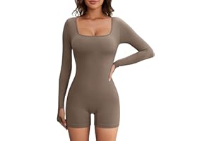 FemiChic Tuta Donna Estiva Elegante Tutina Aderente Corta Sexy Jumpsuit Sportiva con Maniche Lunghe e Scollo Quadrato Fitness Yoga Bodysuit
