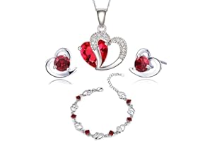 findout love heart jewellery set silver necklace silver earrings silver bracelets Amethyst red pink blue white Crystal Heart Silver pendant Necklace + stud earrings sets gift for women girls with jewellery box silver chain