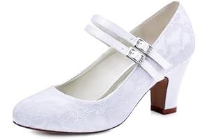 Elegantpark HC1701 Mary Jane Block Absatz Pumps Geschlossene Zehen Lace Satin Brautschuhe