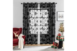 ‎TREATMENTEX Treatmentex Spitze Vorhang Jacquard Gardinen mit Ösen Schwarze 3D Blumenmuster Halbtransparente Vorhänge Vintage Romantisch Dekoschal Ösenvorhänge für Mädchenzimmer Wohnzimmer,2 Stücke,140×225CM(B×H)