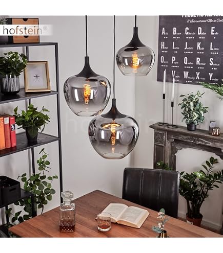 Lampada a sospensione Koyoto, lampada in metallo/vetro in nero/fumo/chiaro, design vintage/retrò a 1 luce con paralume in vetro ( 30 cm), altezza massima 152 cm, 1 x E27, senza lampadina/e