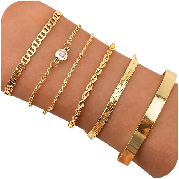 Set 4 Bracciali Boho A Strati Argento - Bangle Aperti E Catene, Gioielli Moda Donna - 4