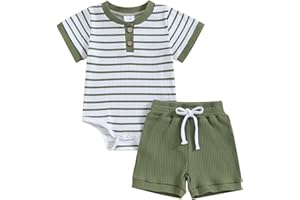 Carolilly Ensemble Bébé Garçon Eté de 2 Pièces, Body à Rayure Manches Courtes + Shorts Taille Elastique (0-18 mois)
