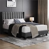 Yaheetech Upholstered Bed with Padded Headboard 140 x 200 cm Dark Grey | Double Bed Striped Headboard with Wings Wood and Met