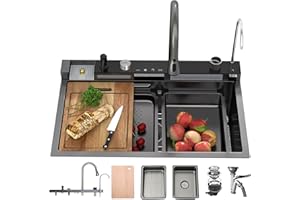 OMGMTSTORE Lavello Cucina Con Cascata 80 x 45 cm,Lavello Cucina In Acciaio Inox,Lavello Nero Antracite Multifunzione Cucina,Con Rubinetto Estraibile,Sifone,Dispenser Sapone,Lavello Mobile E Tagliere