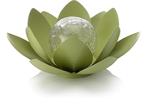 Auraglow Solar Powered Garden Metal & Glass Water Lily Lotus Flower LED Light Lantern Outdoor Table Lamp - Green