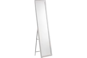 Baroni Home Specchio da Terra con Struttura in Acciaio, Specchio a Figura Intera con Supporto Pieghevole con Cornice Decorata in Legno, Geometrico Bianco, 40x150 cm