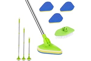 Aobuviou Long Handled Scrubbing Brush Telescopic Bathroom Tile Cleaner Brush 3 in 1 Handheld Floor Scrubber Extendable Shower Cleaning Brush with 3 Sponge and 1 Hard Brush for Bath Wall Glass