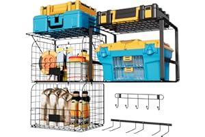 SWOCIRO Garage Shelf Wall Mounted with Wire Baskets,Heavy Duty Wall Garages Shelving with Garden Tool Rack and Hooks, Wire Shelves Baskets Tool Organizer for Garage, Garden Driveway