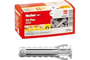 Fischer 200 Tasselli SX Plus 4x20 mm per Muro Pieno, Mattone Forato, Muratura, Calcestruzzo, per il Fissaggio di Lampadari, Mobili, Pensili, Mensole, 568004