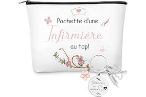 Xuniea Cadeaux pour Infirmières 1 Trousse de Toilette 1 Porte-Clés Infirmière avec Seringue Fleur Stéthoscope Infirmière Qui Déchire Trousse de Maquillage Cadeau pour Infirmière Noël Collègue Femme