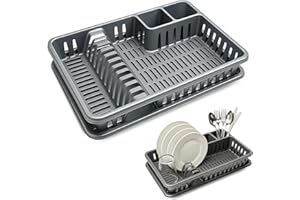 CHEFZOCO Escurreplato de plástico, Escurridor de Platos, Escurridor Fregadero de 2 módulos, con Bandeja Anti-Goteo, 45 cm de Ancho x 29.7 cm de Fondo x 8 cm de Altura, Gris