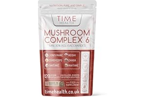 TIME HEALTH Mushroom Complex 6 | 120 Capsules | MAXIMUM STRENGTH | Chaga, Cordyceps, Shiitake, Reishi, Lions mane, Maitake | Zero Additives | 100% Vegan | UK Made | The Original Mushroom Complex Formula in the UK