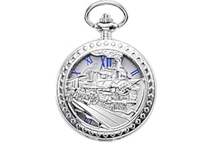 TREEWETO Montre de poche pour homme avec squelette mécanique creux bronze 3D Steam Train Railroad Numéros romains