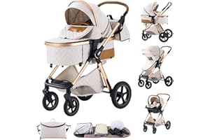 BEBBY BEBBY Cochecito de bebé 3 en 1,Carricoche Combinado Paisaje Alto Marco de Aluminio Para Recién Nacido0-22KG,Portátil Carrito Bebe 3 en 1 Con Asiento De Auto (Rice white-6, H2)