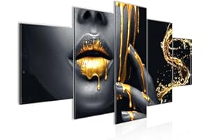 Runa Art - Quadri labbra dorate 200 x 100 cm 5 Pezzi XXL Decorazione Murale Design Oro Nero 041551a