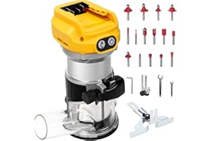 ROADTIME Cordless Router Compatible with Dewalt 20V Battery, 1300W Brushless Wood Trimmer with 6 Speed, Straight Guide, Guide Wheel, 15 Milling Bits and Dust Duct, Palm Router for Woodworking (No Battery)