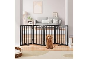 Semiocthome Freestanding Dog Gates and Barriers Indoor Pet Gates for Doorways and Stairs, 60cm(H) 4-Panel Puppy Gate with 2 Metals Stands Fully Assembled Adjustable Safety Fence Fit Up to 188cm-Black