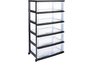 Iris Ohyama, Wieża, komoda z szufladami, plastikowy organizer do przechowywania z ergonomicznym uchwytem, 34L, 5 Szuflady, Z kółkami, BPA free, Biuro, Sypialnia, Pokój dzienny, WC-N605, Czarny