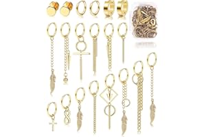 Morfetto 20 Pièces Boucles d'Oreilles pour Hommes en Acier Inoxydable à Charnière Boucles d'Oreilles Croix Boucles d'Oreilles Stud pour Hommes Femmes Longue Chaîne Kpop Boucles d'Oreilles Ensemble