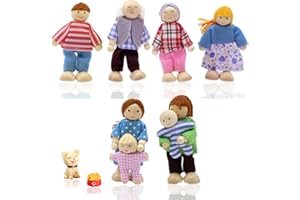 DIKARIYA HöLzerne Puppenfamilie für Puppenhaus, Kleine Holz Puppenhaus Zubehör Puppen Familie Set mit Hund, Puppenhausspielzeug Stoff Puppenhaus Figuren für Pretend Puppenhaus Zubehör Kinder Geschenk