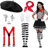 Ntwdby 6 Pieces Women's Mimo Costume, Mimo Costumes Accessories, with Beret, Scarf, Gloves, Face Tattoo, Suspenders and Strip