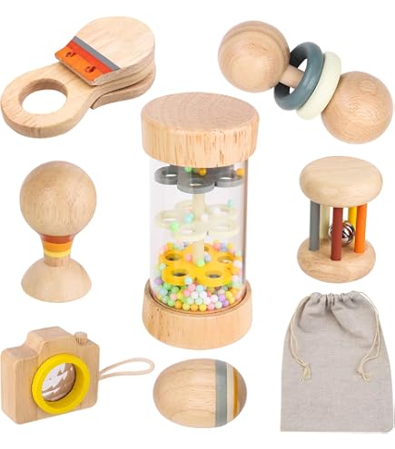 Lot de 6 hochets Montessori en bois pour bébé - Jouet musical en bois - Jouet sensoriel Montessori - Cadeau pour garçons et filles - Cadeau d'anniversaire pour enfants et tout-petits