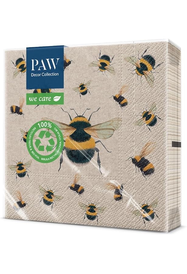 20 Serviettes De Table FSC Printemps - Motif Abeilles Et Fleurs, 33x33cm Pour Fête Jardin