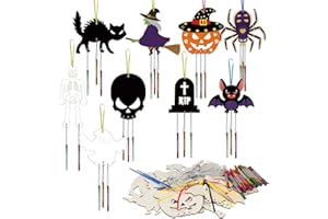 WEDNOK 9 Pack Halloween Wind Chime Kit for Kids Make Your Own Halloween Wind Chime Wooden Arts and Crafts for Girls Boys DIY Painting for Halloween Party Decoration Halloween Art Activity