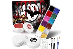 Ligtmor Halloween Schminke Set mit Schwarz Weiß Rot Bodypainting Farben/12 Farben Gesichtsfarbe/Halloween Aufkleben, Kinderschminke Halloween für Vampir Schminke Zombie Schminke, Faschingsschminke