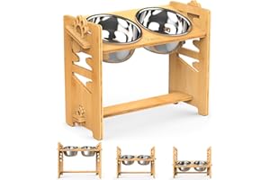 Vantic Hundenapf erhöht mit Ständer, Hundebar höhenverstellbar Futternapf für große und extra großer Hunde, haltbar Futterbar Futterstation Bambus mit 2 Edelstahlnäpfen und Rutschfesten Füßen