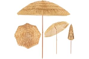 COSTWAY Parasol deJardin Exterieur Φ200 CM, Parasol Balcon Solaire en 9 Couches Paille PP, 30° Inclinaison et Manivelle, 8 Baleines, Toit Ventilé, pour Jardin Terrasse Piscine