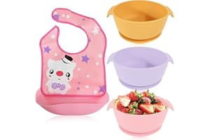 Bluet B Baby - Set de 3 Bol Antivuelco Con Ventosa - Tazones de Comida Antideslizante de Silicona - Incluye Babero Adicional - Plato Ventosa BLW - Set de Silicona (Rosa)