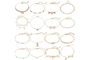 COPBOPWN 16Pcs Adjustable Ankle Bracelets for Women - Beach Surfer Anklet Set in Gold and Silver - Heart, Star, Turtle Ankle Chains for Girls