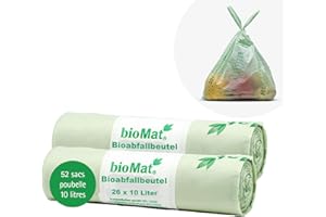bioMat Sac Poubelle Compostable 10l avec Poignée, 52 sacs, Qualité Supérieure, Certifié DINplus, Fabriqué en Allemagne