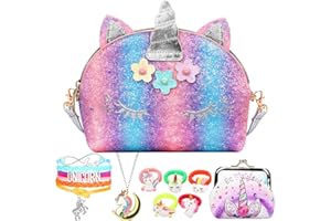 RHCPFOVR Licorne Sac a Main avec Bijoux Enfants Fille, 5Pcs Unicorn Collier Bracelet kit Bijoux pour Cadeau Anniversaire de Fête