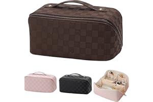 EXSIVEMY Beauty Case Donna, Pu Borsa Pochette Donna Trucchi Con Divisorio E Maniglia Per Il Trasporto Trousse Trucchi Impermeabile Beauty Case Grande Capacità Beauty Case, Marrone