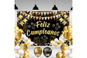PURE 4HOME Pancarta Feliz Cumpleaños 110x180cm + 20 Globos | Cartel Decoración Fiesta Adulto Hombre Mujer | Photocall Cumpleaños | Telón Fondo con Cuerda | Adornos y Decoración
