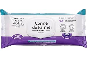 Corine de Farme, Lingettes Hygiène Adulte Extra-Larges x60 - Nettoyage Doux pour Peaux Sensibles, Parfumées, 99% d'Ingrédients Végétaux, Aloe Vera, Idéales pour Visage et Corps