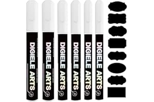 DIGIELE Pennarelli Gesso Liquido Bianco, Pennarello Gesso Bianco 1mm, 3mm e 6mm Punta + 16 Etichette Adesive Lavagna, Asciutto o Bagnato Cancellabili per Finestre, Vetro e Superfici Non Porose