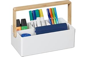 Relaxdays Organiseur à poignée, 4 Compartiments, Portable, Rangement, Anse Bambou, trieur, HxLxP : 8,5x26x16 cm, Blanc