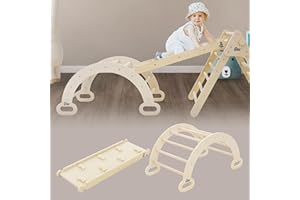 Joyz 2 in 1 Kletterbogen mit Rutsche, Natur, aus Holz, Regenbogenwippe mit Kletterrampe, nach Pikler Art, 2er Set Klettergerüst Indoor für Kinder ab 1 Jahr, Montessori Lernspielzeug Kletterspielzeug