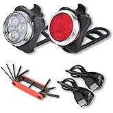 QAMR Bike Lights Set- Mountain Bike Accessories- Waterproof Rechargeable Bright USB Lights Front and Rear with Bike Repair Ki