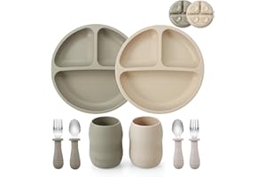 PandaEar Ensemble de Repas en Silicone pour Tout-Petits | 2 Assiettes à Ventouse Divisées en Silicone et 2 Petites Tasses avec 2 Cuillères et 2 Fourchettes | Ustensiles pour Diversification Alimentair