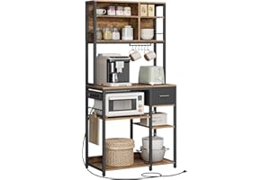 VASAGLE Estantería de Cocina con Multienchufe, Armario de Cocina, 40 x 80 x 180,4 cm, Estante de Microondas, Cajón de Tela, 12 Ganchos, Marrón Rústico y Negro Tinta KKS015K03